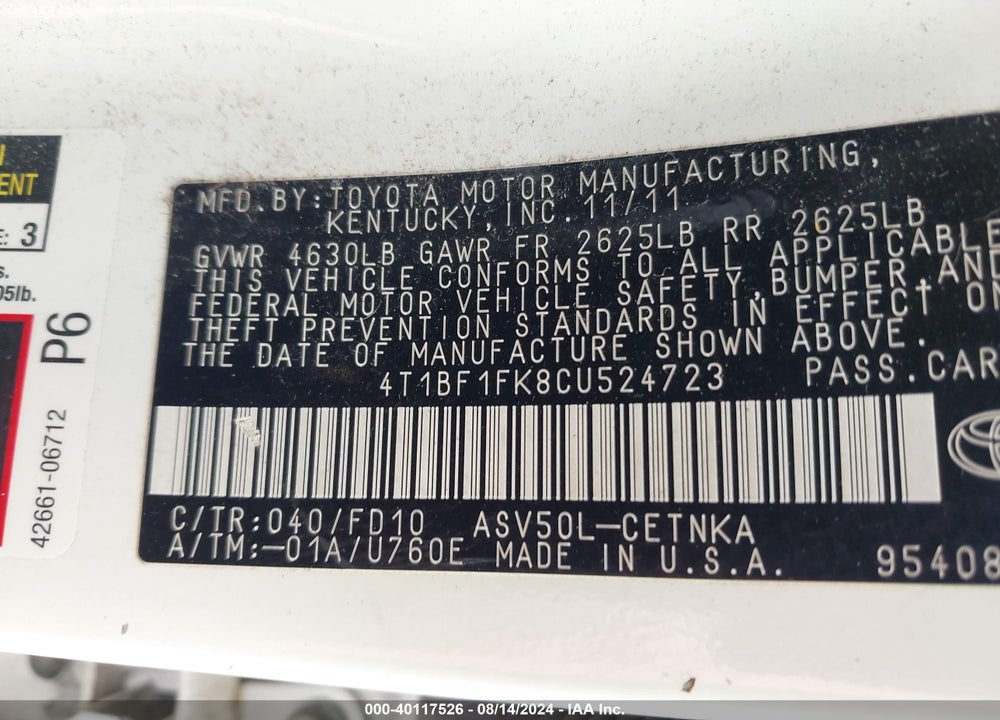 2012 TOYOTA CAMRY LE VIN: 4T1BF1FK8CU524723