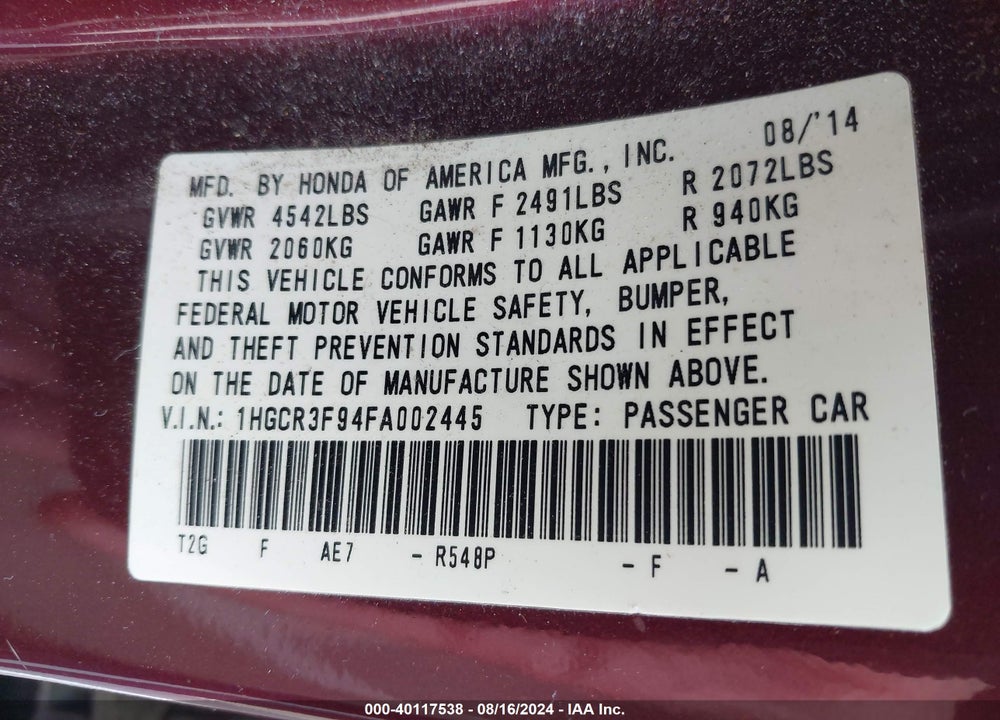 2015 HONDA ACCORD TOURING VIN: 1HGCR3F94FA002445