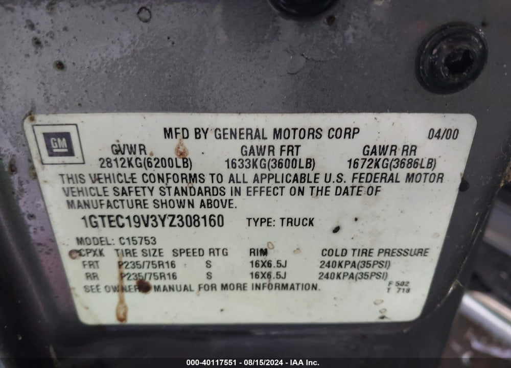 2000 GMC SIERRA 1500 VIN: 1GTEC19V3YZ308160