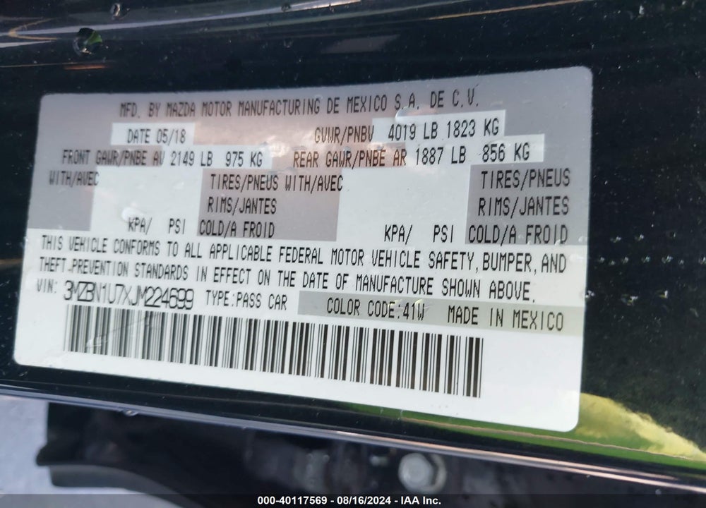 2018 MAZDA 3 SPORT VIN: 3MZBN1U7XJM224699