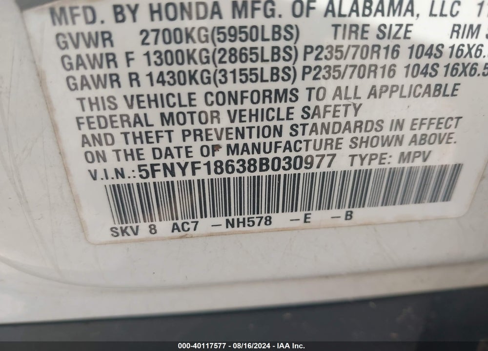 2008 HONDA PILOT EX-L VIN: 5FNYF18638B030977