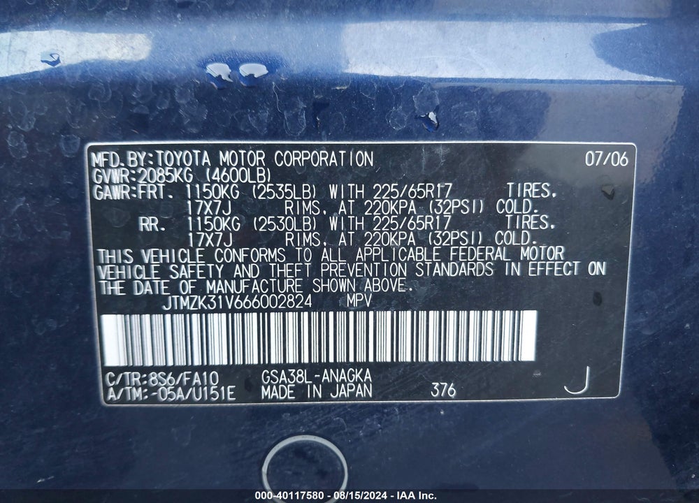 2006 TOYOTA RAV4 VIN: JTMZK31V666002824