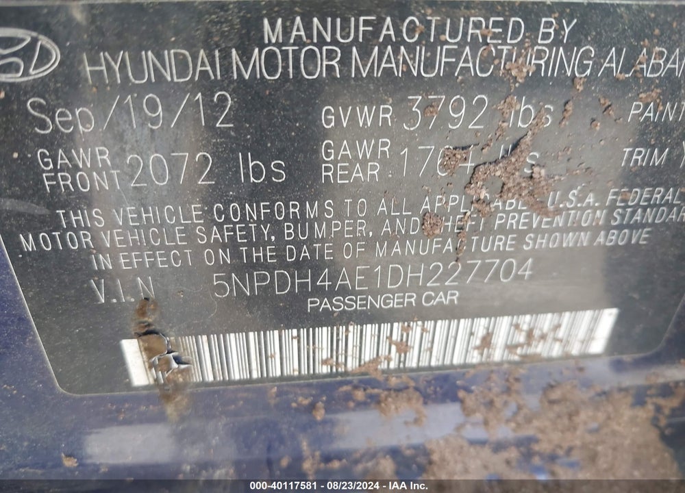 2013 HYUNDAI ELANTRA GLS VIN: 5NPDH4AE1DH227704