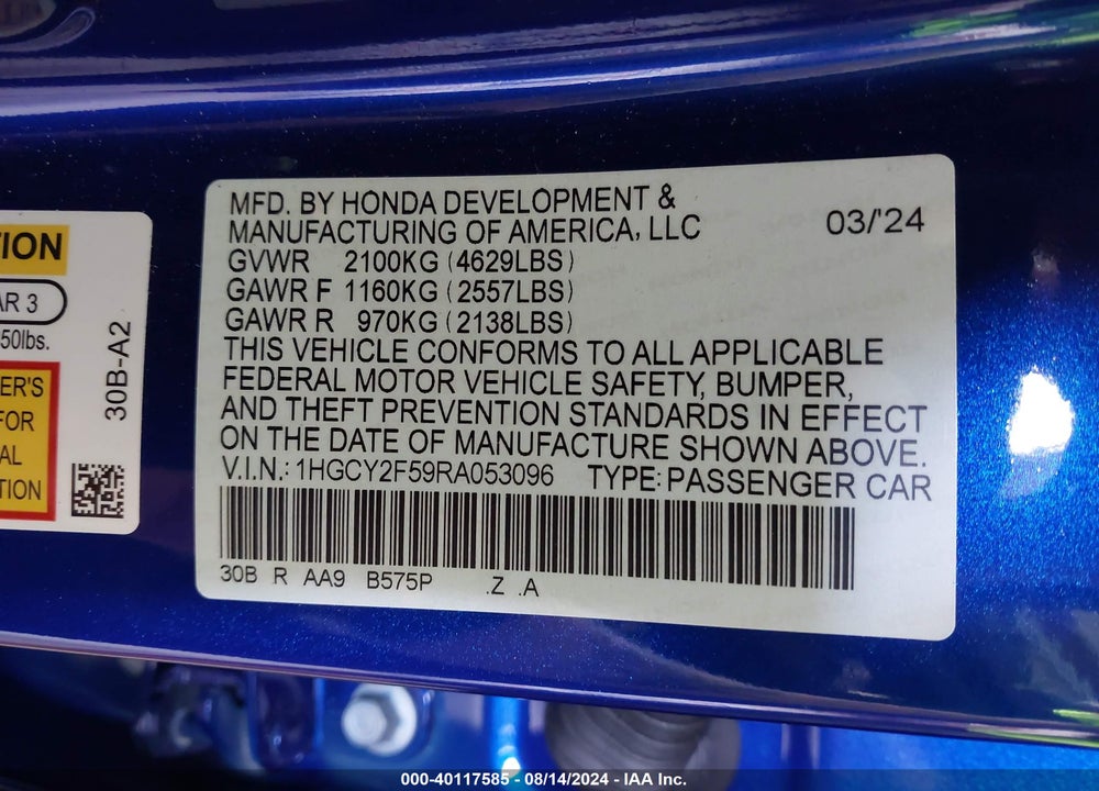 2024 HONDA ACCORD HYBRID SPORT VIN: 1HGCY2F59RA053096