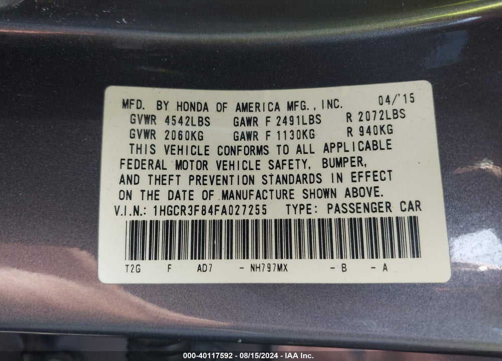 2015 HONDA ACCORD EX-L V-6 VIN: 1HGCR3F84FA027255