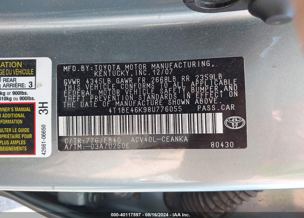 2008 TOYOTA CAMRY LE VIN: 4T1BE46K98U776055