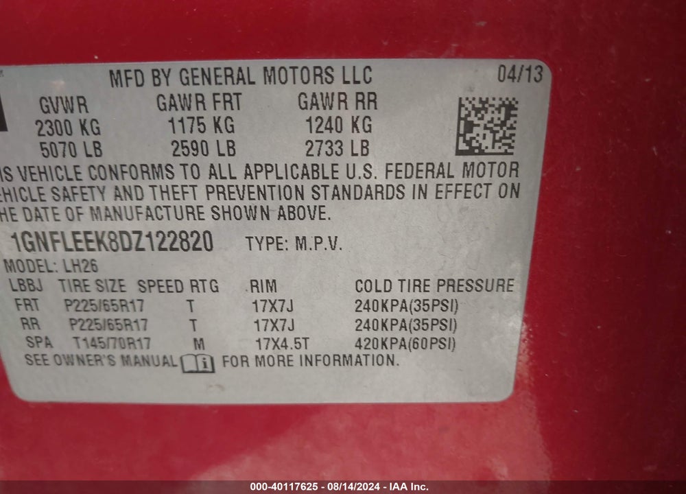 2013 CHEVROLET EQUINOX 1LT VIN: 1GNFLEEK8DZ122820