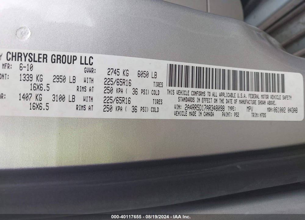 2010 CHRYSLER TOWN & COUNTRY TOURING VIN: 2A4RR5D17AR348098