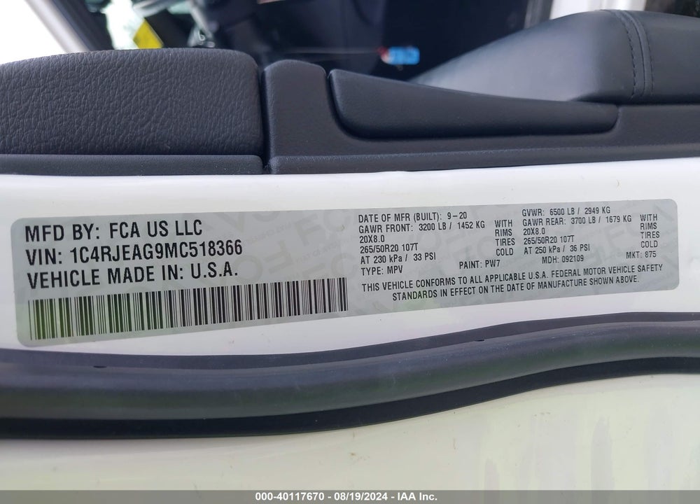 2021 JEEP GRAND CHEROKEE LAREDO X 4X2 VIN: 1C4RJEAG9MC518366