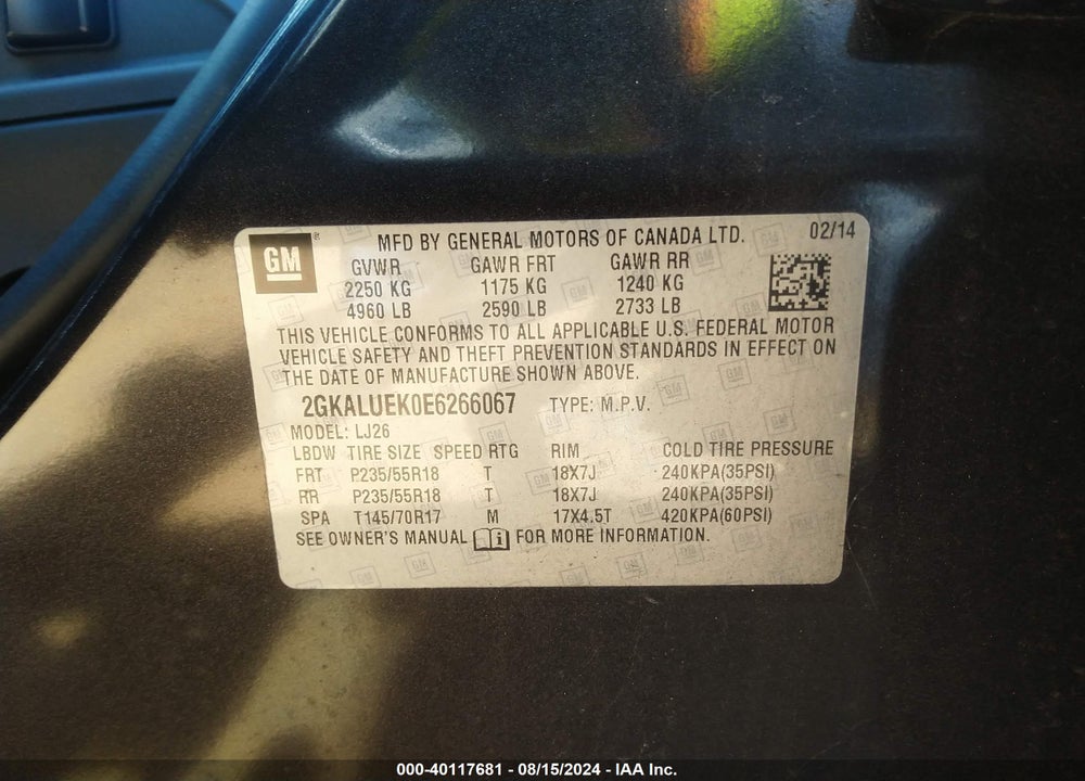 2014 GMC TERRAIN DENALI VIN: 2GKALUEK0E6266067