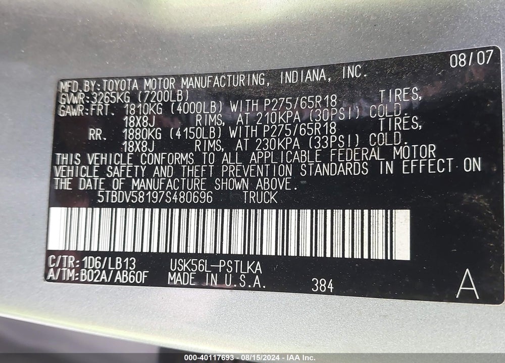 2007 TOYOTA TUNDRA LIMITED 5.7L V8 VIN: 5TBDV58197S480696