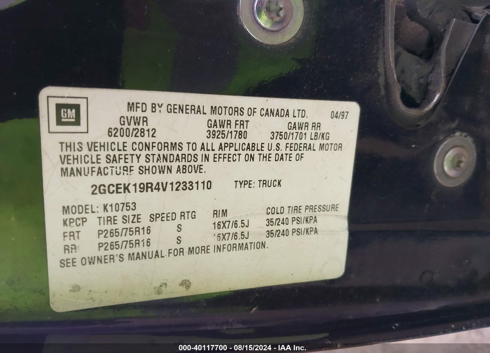 1997 CHEVROLET K1500 FLEETSIDE VIN: 2GCEK19R4V1233110