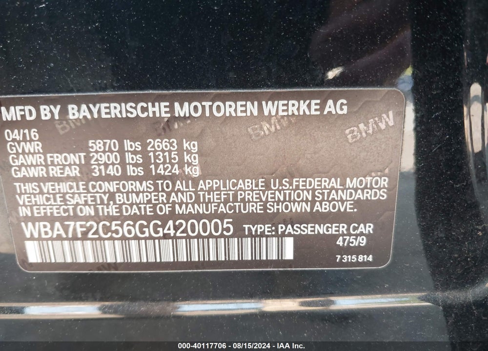 2016 BMW 750I XDRIVE VIN: WBA7F2C56GG420005