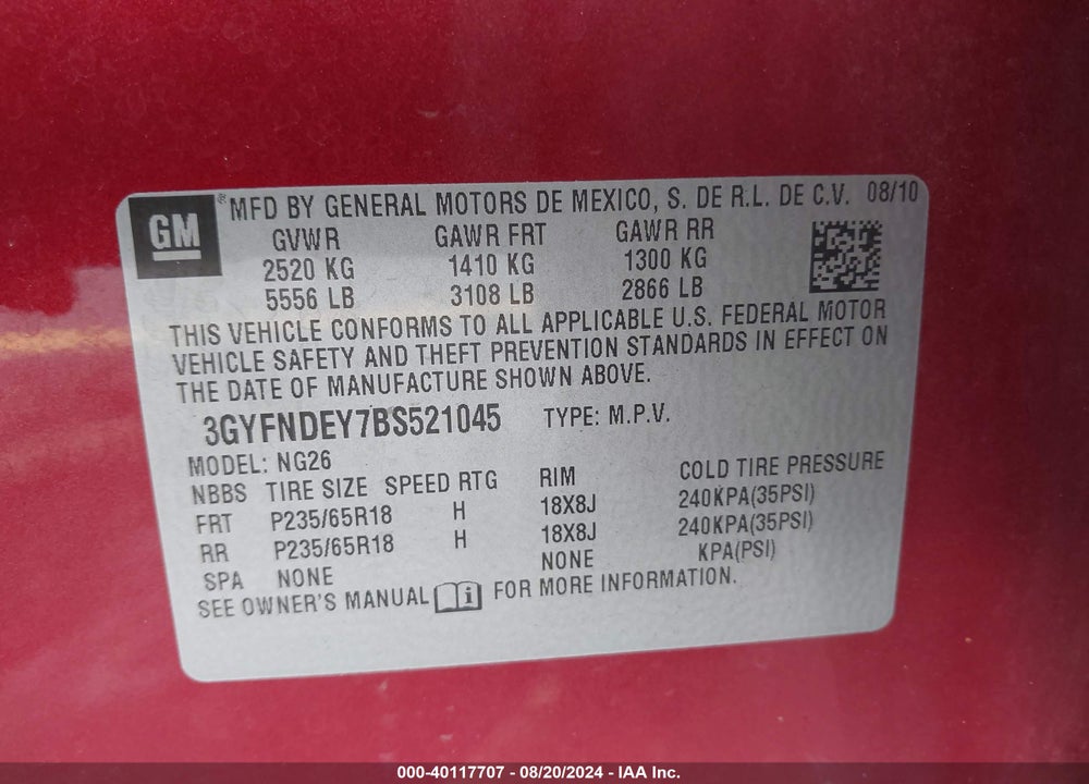 2011 CADILLAC SRX LUXURY COLLECTION VIN: 3GYFNDEY7BS521045