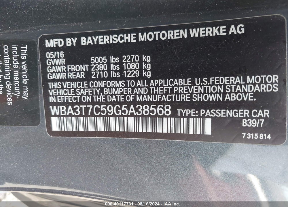 2016 BMW 435I VIN: WBA3T7C59G5A38568