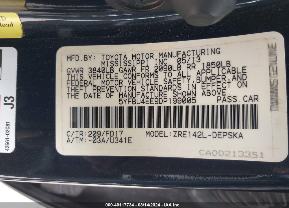 2013 TOYOTA COROLLA S VIN: 5YFBU4EE9DP199005