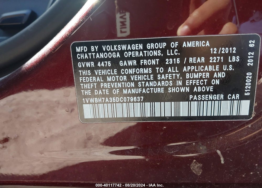 2013 VOLKSWAGEN PASSAT 2.5L SE VIN: 1VWBH7A35DC079637