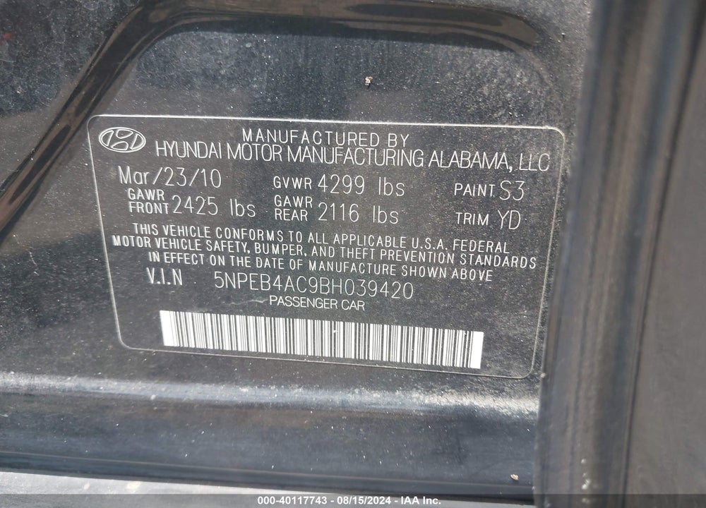 2011 HYUNDAI SONATA GLS VIN: 5NPEB4AC9BH039420