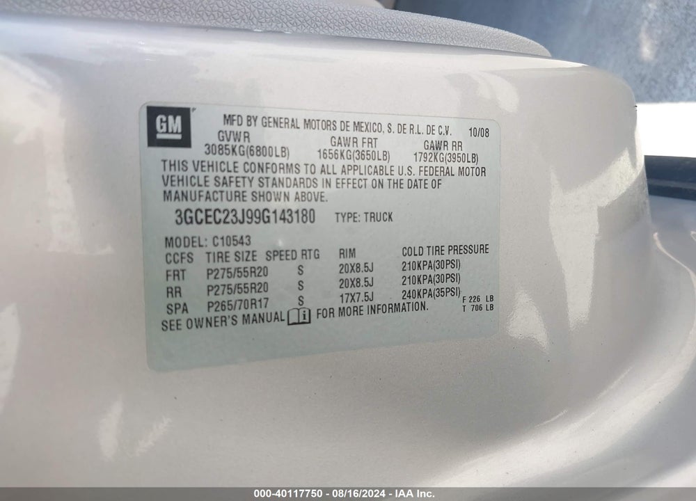 2009 CHEVROLET SILVERADO 1500 LT VIN: 3GCEC23J99G143180