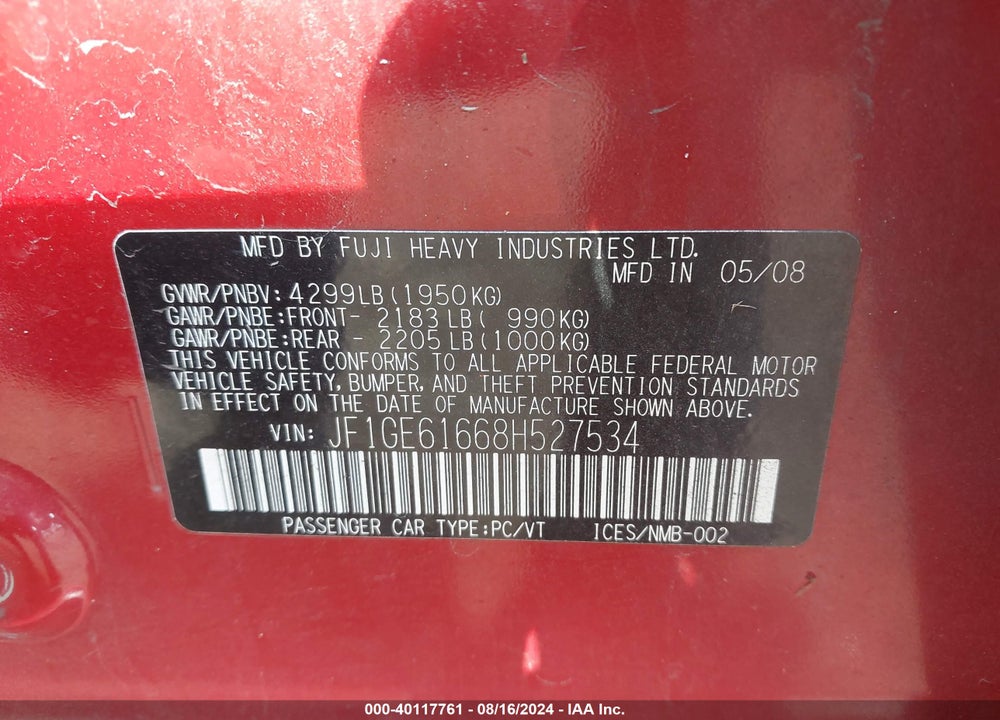 2008 SUBARU IMPREZA 2.5I VIN: JF1GE61668H527534
