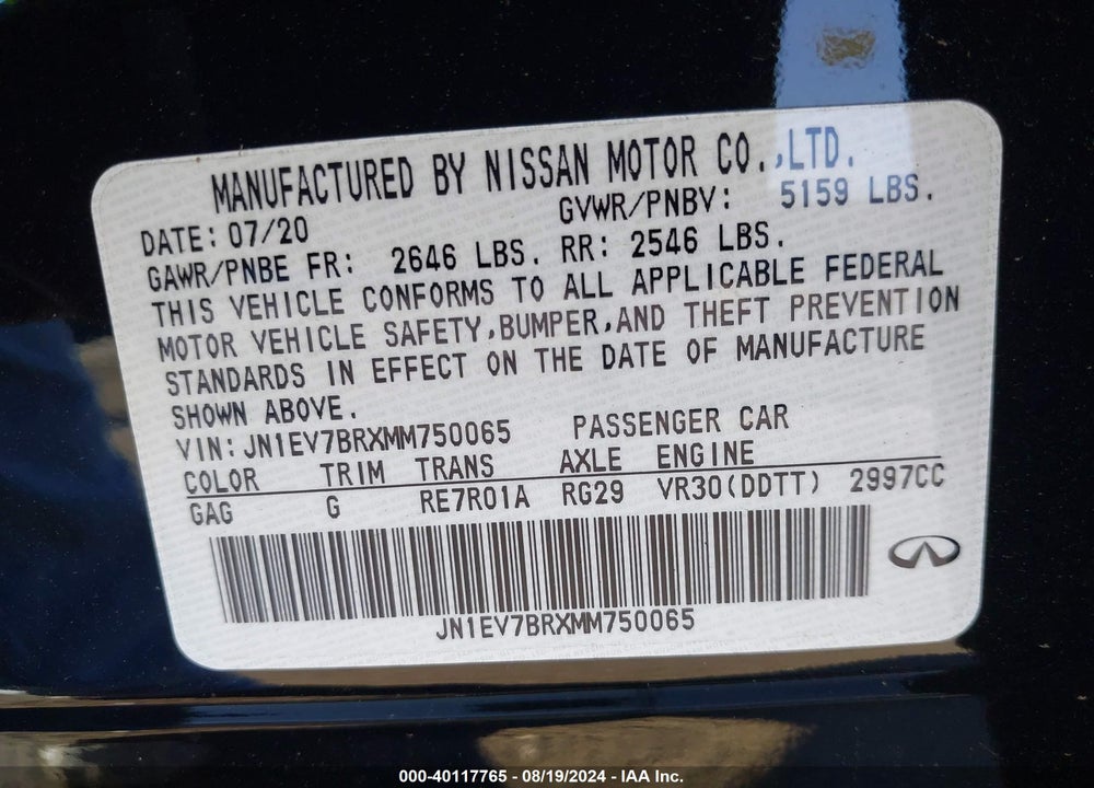 2021 INFINITI Q50 LUXE AWD VIN: JN1EV7BRXMM750065