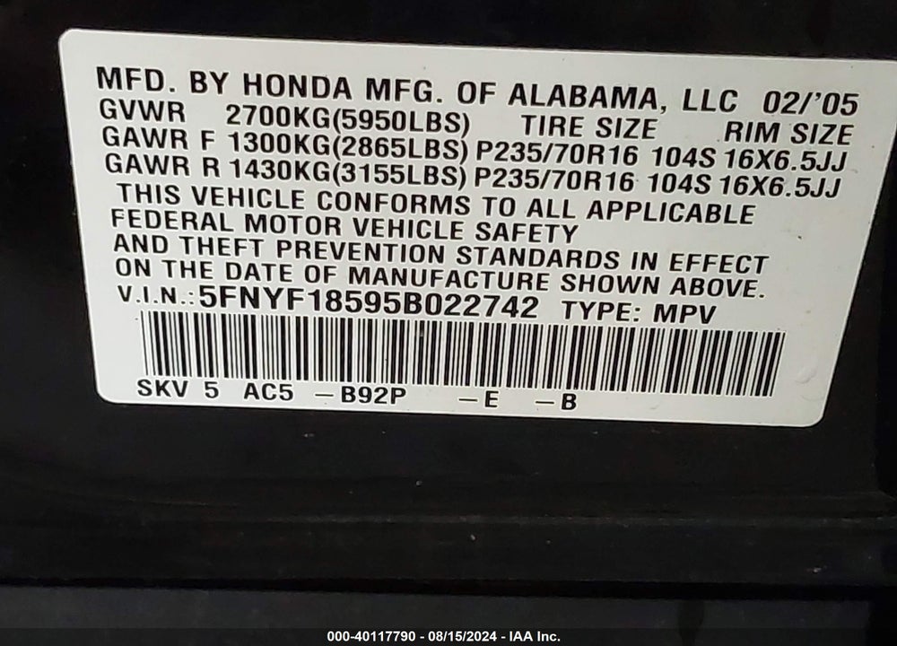 2005 HONDA PILOT EX-L VIN: 5FNYF18595B022742