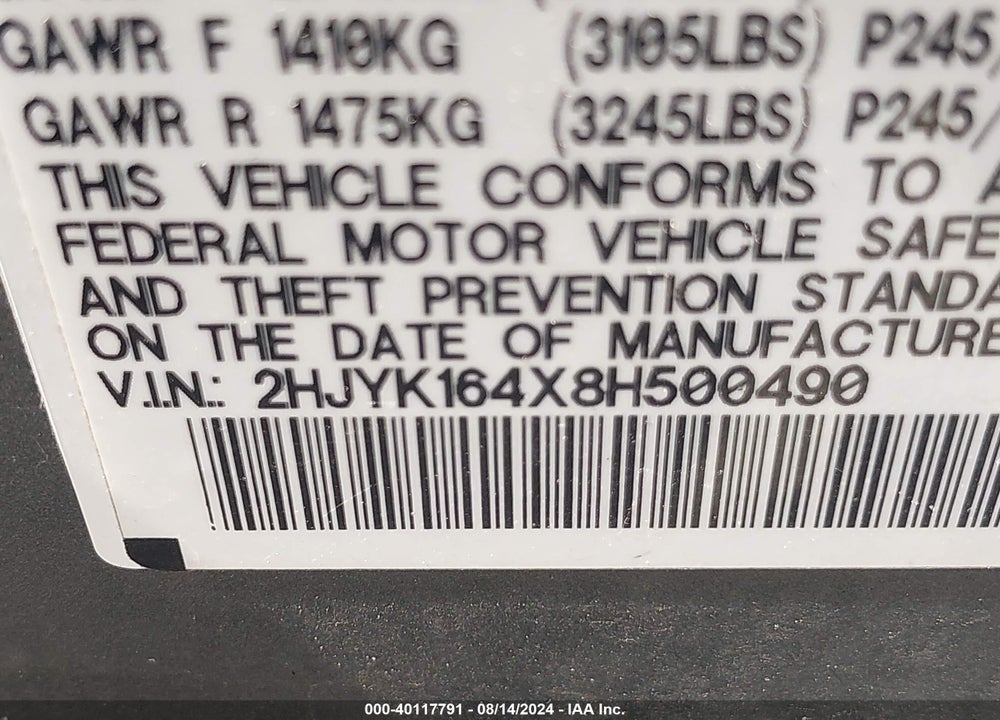 2008 HONDA RIDGELINE RTS VIN: 2HJYK164X8H500490