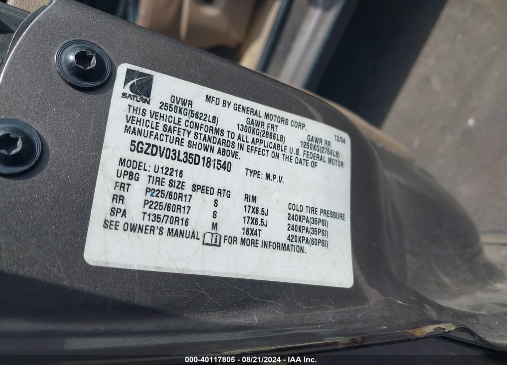 2005 SATURN RELAY FWD VIN: 5GZDV03L35D181540