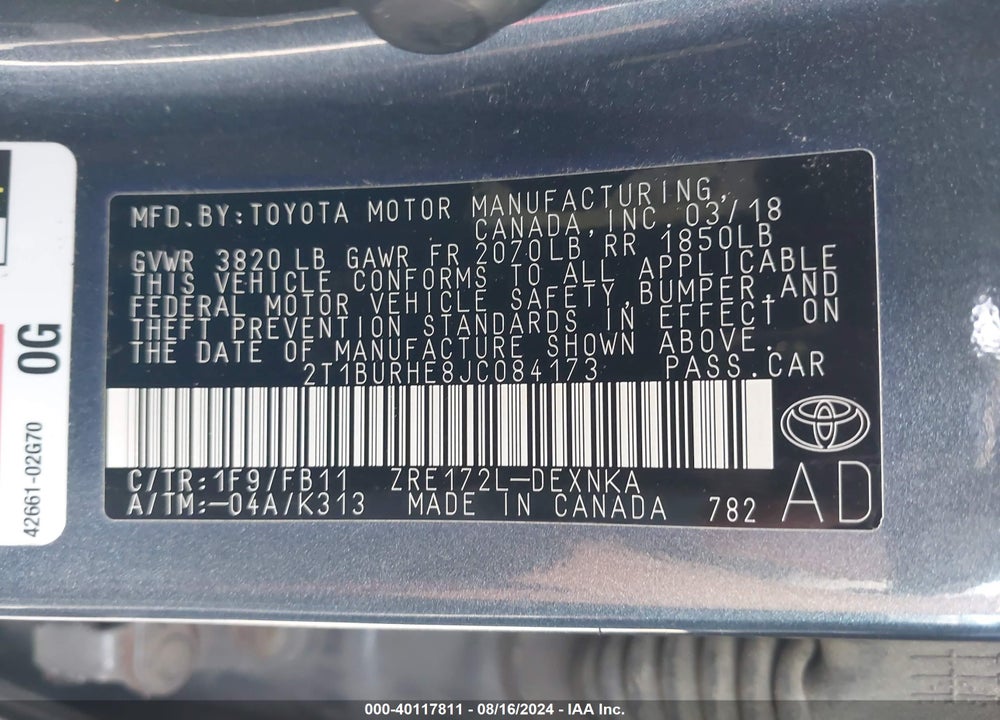 2018 TOYOTA COROLLA LE VIN: 2T1BURHE8JC084173