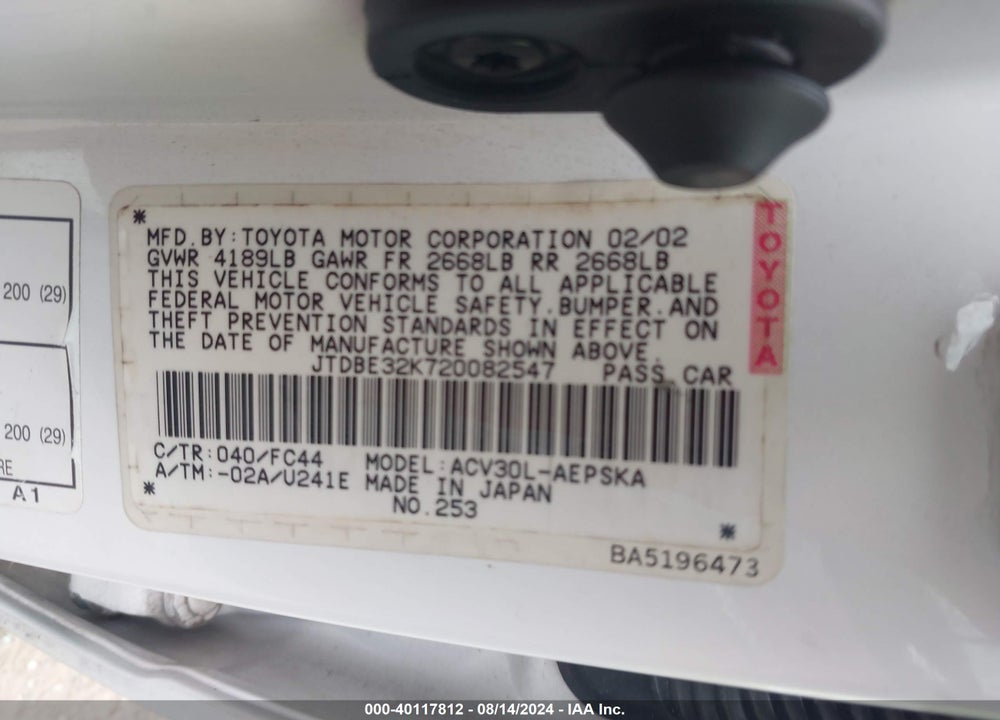 2002 TOYOTA CAMRY LE/SE/XLE VIN: JTDBE32K720082547