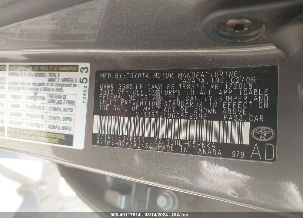 2006 TOYOTA COROLLA LE VIN: 2T1BR32E06C648395