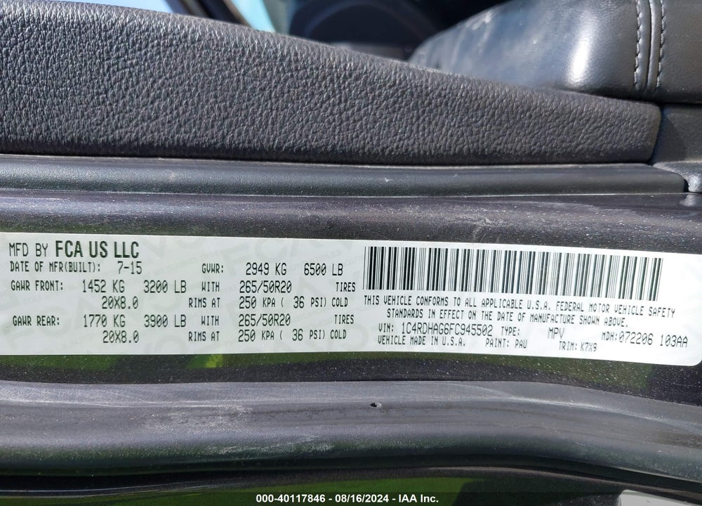 2015 DODGE DURANGO SXT VIN: 1C4RDHAG6FC945502
