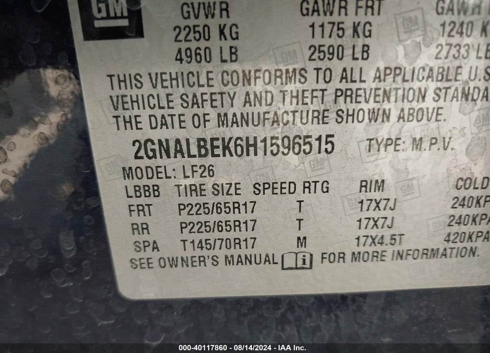 2017 CHEVROLET EQUINOX LS VIN: 2GNALBEK6H1596515