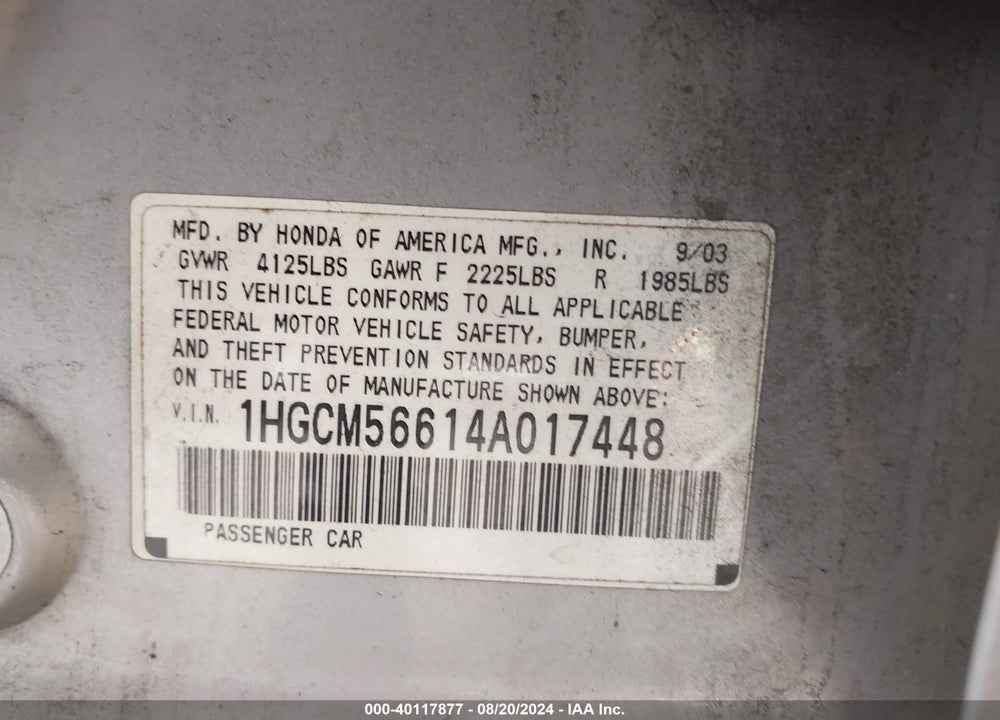 2004 HONDA ACCORD 2.4 EX VIN: 1HGCM56614A017448