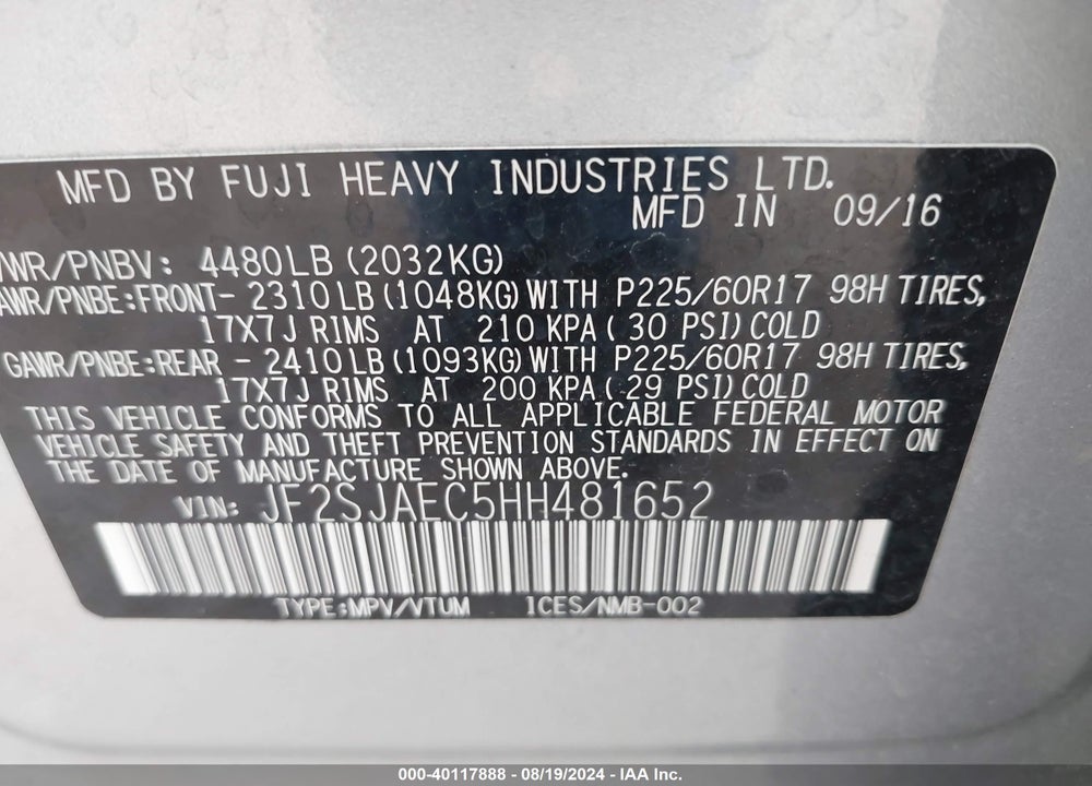 2017 SUBARU FORESTER 2.5I PREMIUM VIN: JF2SJAEC5HH481652
