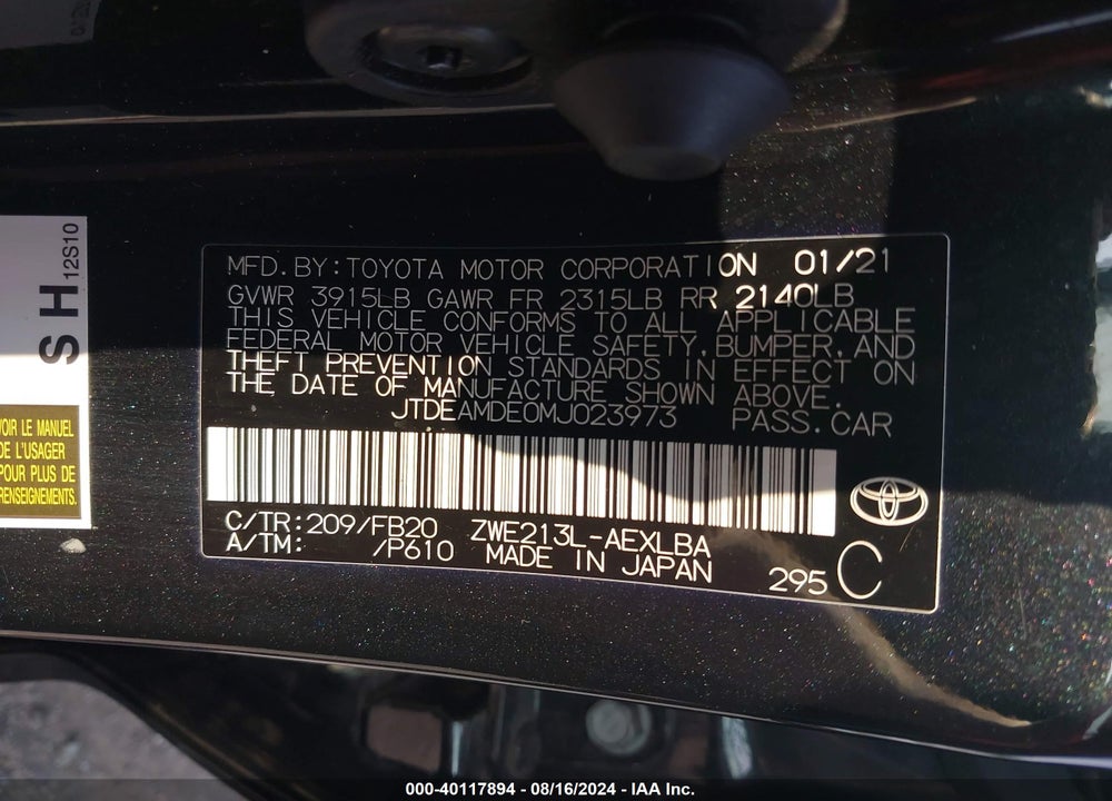 2021 TOYOTA COROLLA HYBRID LE VIN: JTDEAMDE0MJ023973