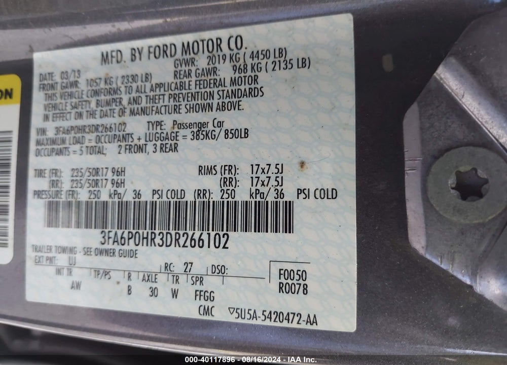 2013 FORD FUSION SE VIN: 3FA6P0HR3DR266102