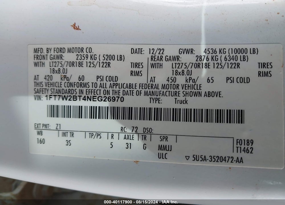 2022 FORD F-250 XLT VIN: 1FT7W2BT4NEG26970