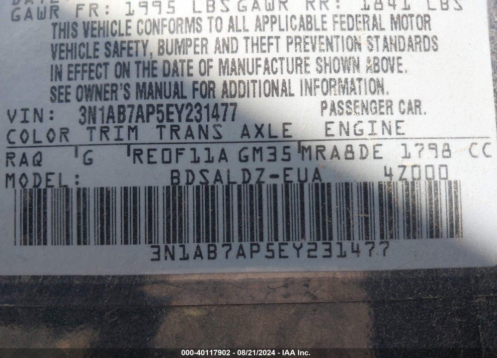 2014 NISSAN SENTRA FE+ S/FE+ SV/S/SL/SR/SV VIN: 3N1AB7AP5EY231477