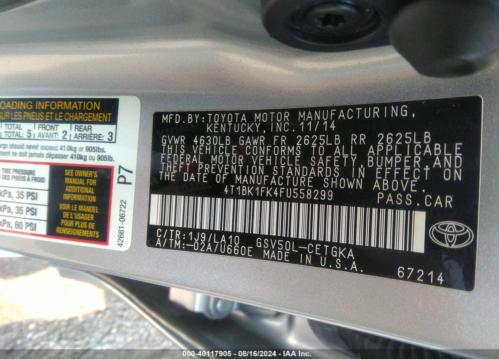 2015 TOYOTA CAMRY XLE V6 VIN: 4T1BK1FK4FU558299