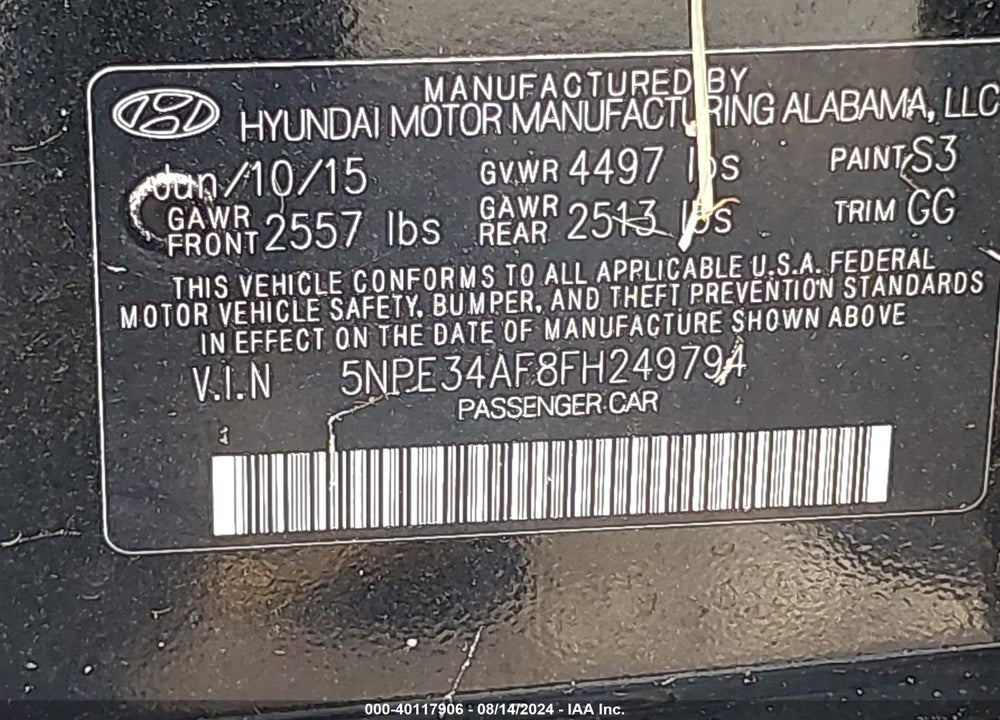 2015 HYUNDAI SONATA SPORT VIN: 5NPE34AF8FH249794