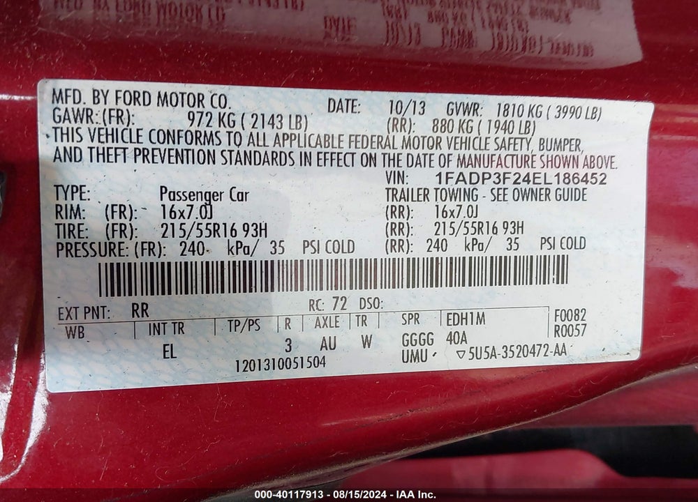 2014 FORD FOCUS SE VIN: 1FADP3F24EL186452