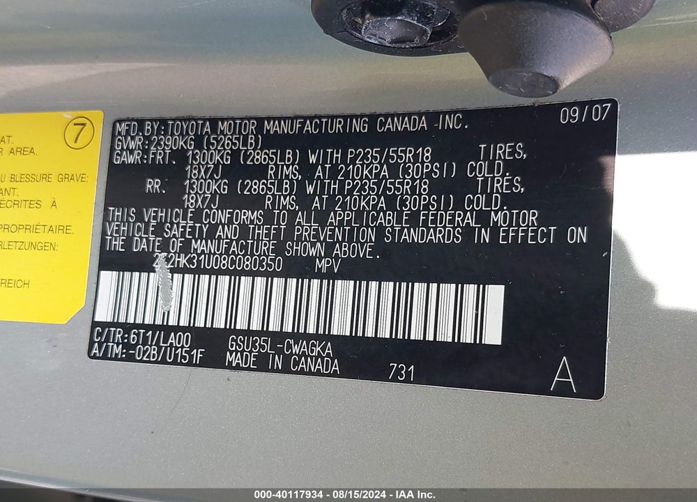2008 LEXUS RX 350 VIN: 2T2HK31U08C080350