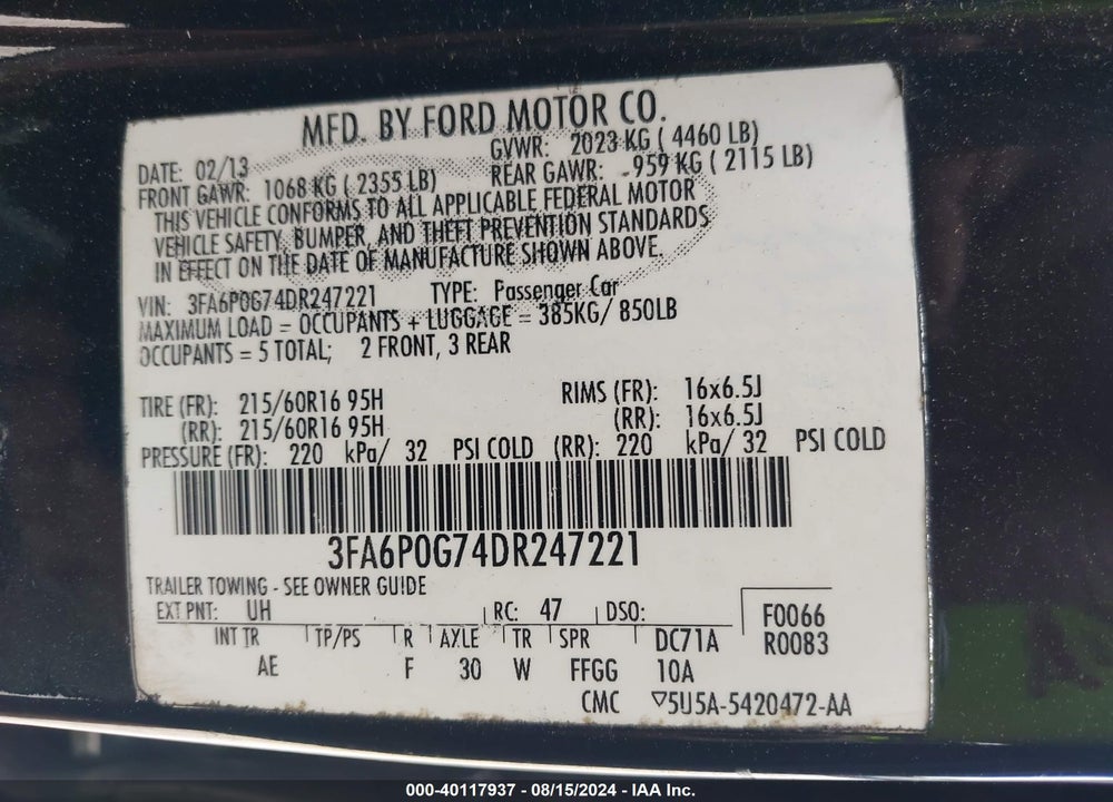 2013 FORD FUSION VIN: 3FA6P0G74DR247221