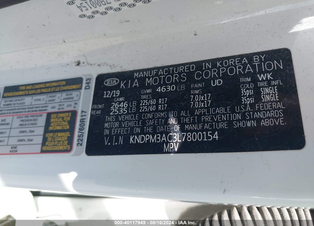 2020 KIA SPORTAGE LX VIN: KNDPM3AC3L7800154