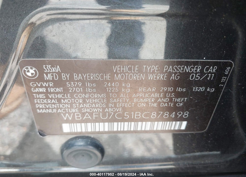2011 BMW 535I VIN: WBAFU7C51BC878498
