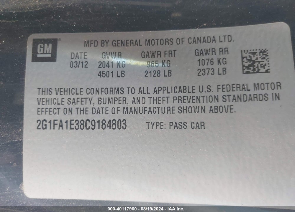 2012 CHEVROLET CAMARO 2LS VIN: 2G1FA1E38C9184803