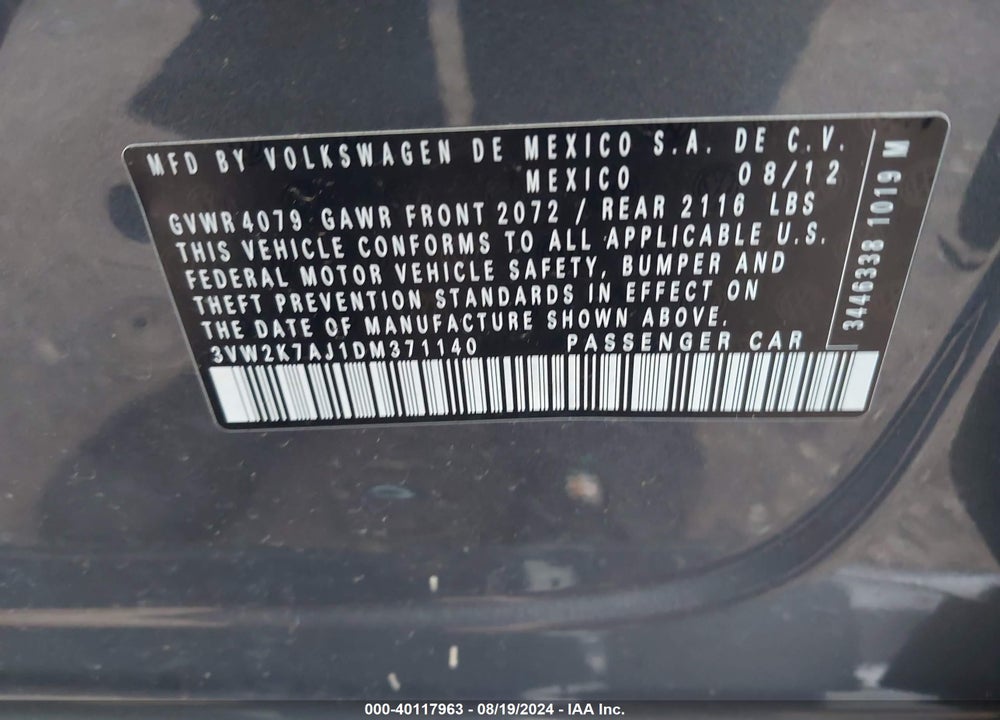 2013 VOLKSWAGEN JETTA 2.0L S VIN: 3VW2K7AJ1DM371140