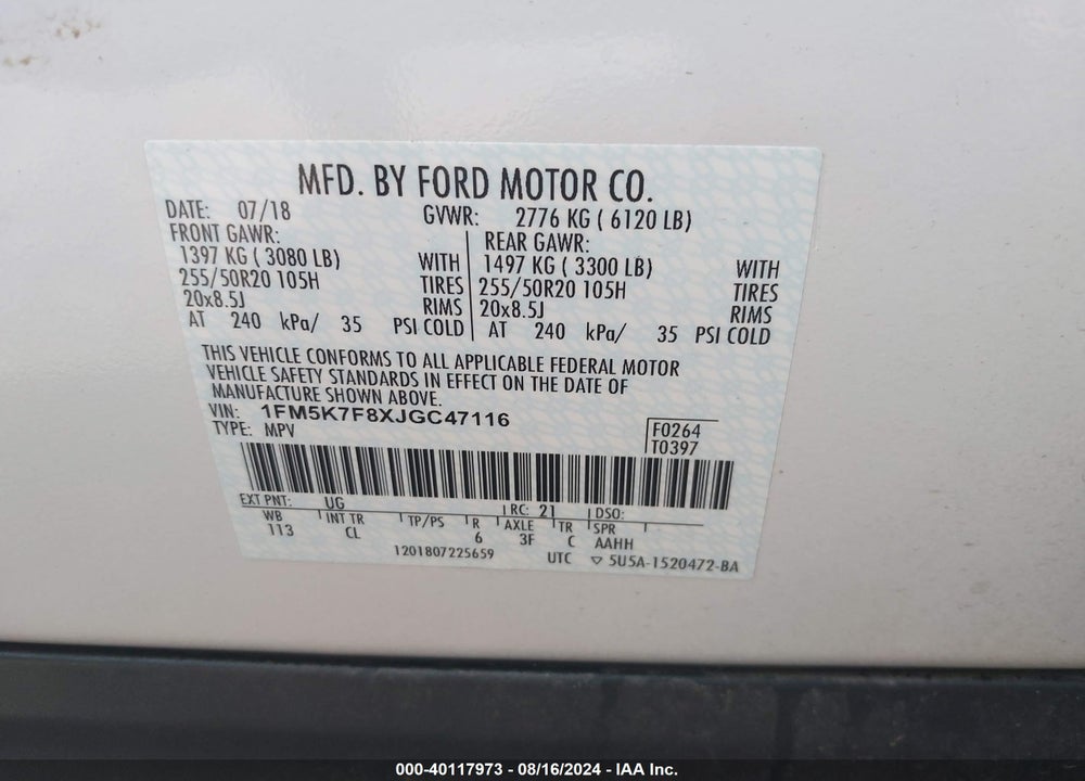 2018 FORD EXPLORER LIMITED VIN: 1FM5K7F8XJGC47116