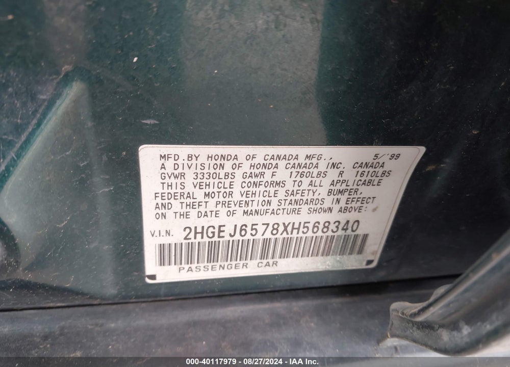 1999 HONDA CIVIC LX VIN: 2HGEJ6578XH568340